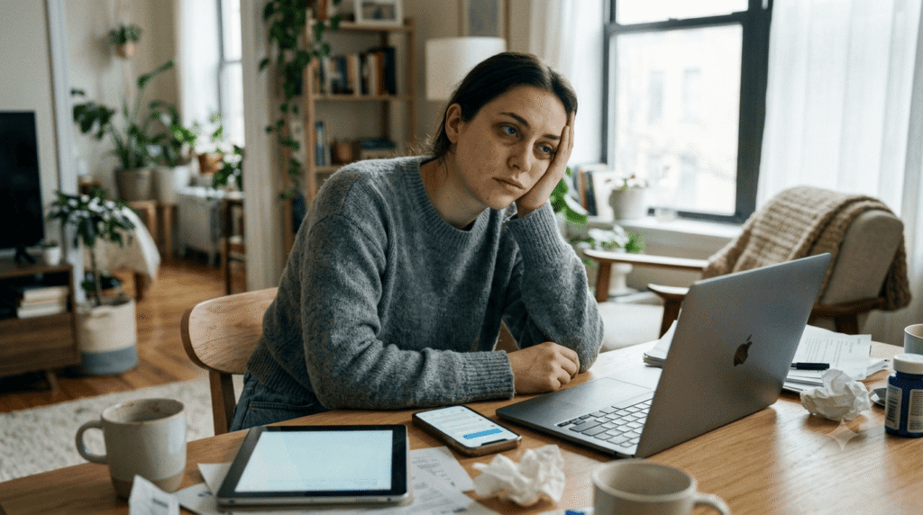 Woman experiencing the effects of excessive screen time on mental health and sleep